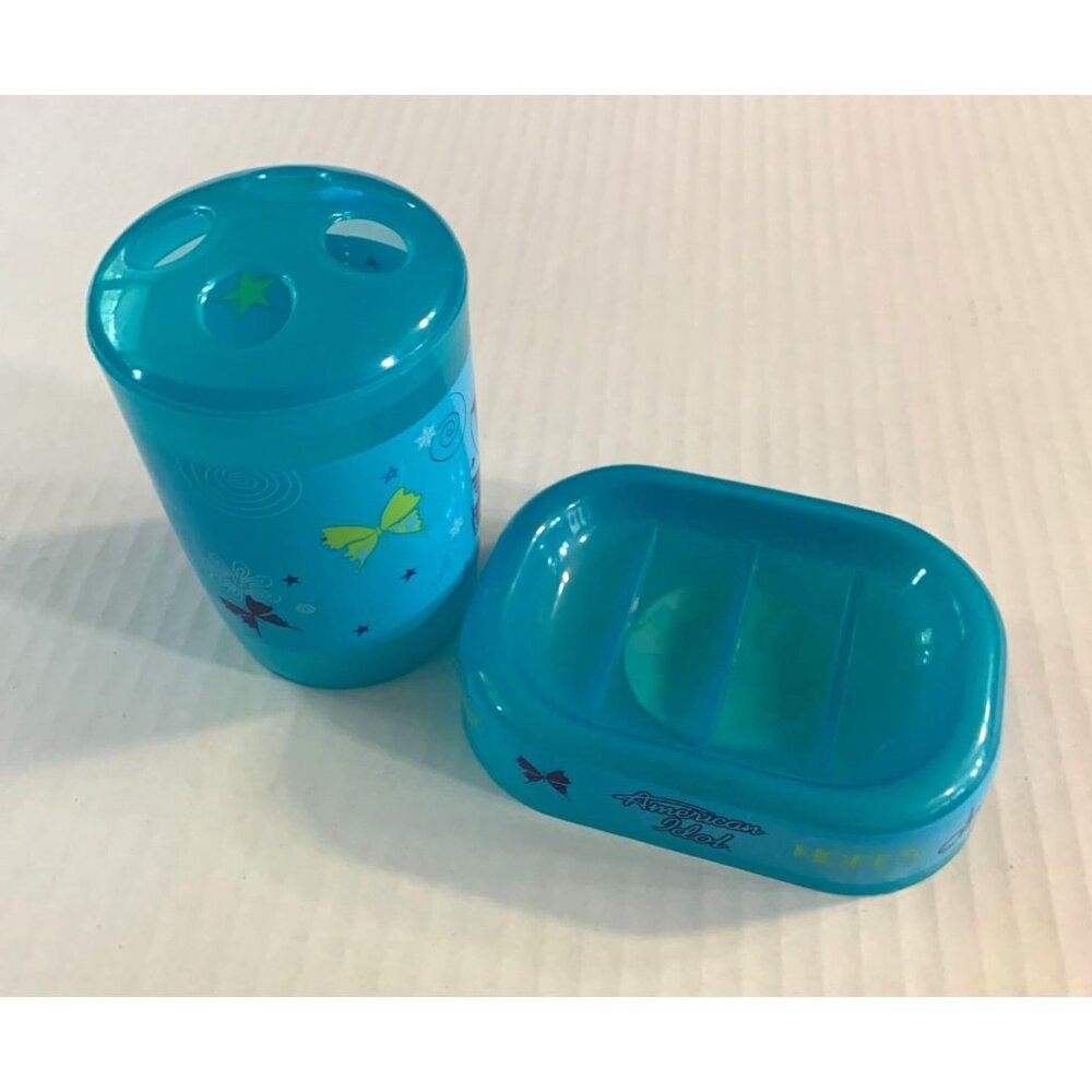 New American Idol Blue Plastic Bath Accessory Set 2 Piece Toothbrush Holder Soap